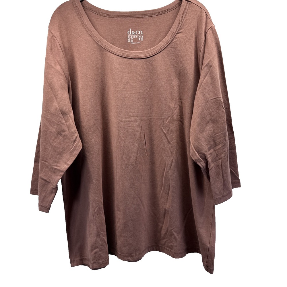 Denim & Co Women's Top Size 1X Plus Solid Brown 3/4 Sleeve Cotton Blend Pullover